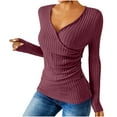 thumbnail image 1 of WMTBSRSW Womens Long Sleeve Shirts Deep V Neck Rib Knit Slim Fit Wrape Tops Casual Stretch Basic Tee Going Out Top Fall Fashion Clothes Wine X-Large, 1 of 7
