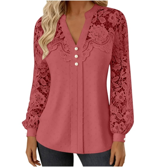 WMTBSRSW Womens Long Sleeve Shirts Trendy Lace Patchwork Dressy Blouse Lightwieght Work Casual Tops Watermelon Red Small