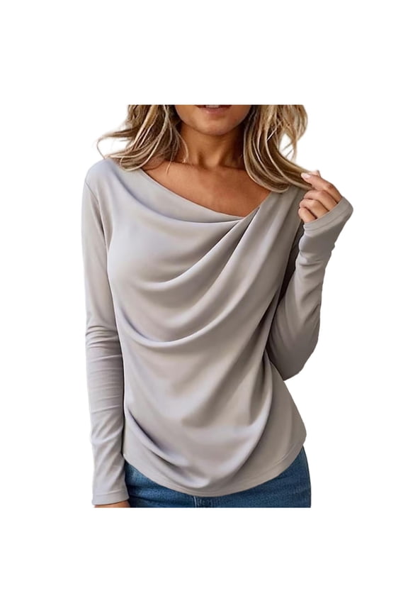 Womens Long Sleeve Tops Y2k Blouse Pleated One Shoulder Shirts Elegant Work Business Shirts Gray Medium