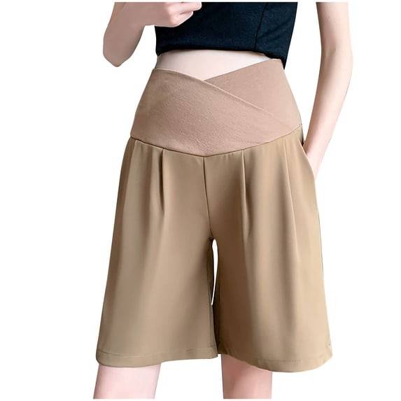 WMTBSRSW Womens Maternity Bermuda Shorts Maternity V Cross Waisted Lounge Pants Over The Belly Pregnancy Casual Wide Leg Shorts with Pockets Khaki Large