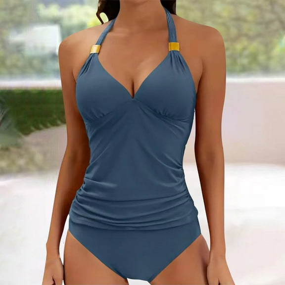 WMTBSRSW Womens One Piece Swimsuits Tummy Control Ruched Halter Bathing Suits Solid Color V Neck Slimming Swimwear