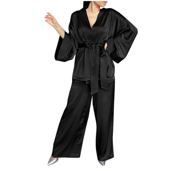 WMTBSRSW Womens Pajama Set 2 Piece Kimono Robe PJs Sets Lightwieght Soft Loose Loungewear Long Sleeve Sleepwear with Elastic Waist Long Pants