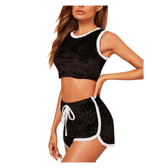 WMTBSRSW Womens Pajama Sets 2 Piece Sleeveless Crop Top Pjs Soft Tank Top & Elastic Waist Shorts Striped Patchwork Camisole Lounge Set S-XL
