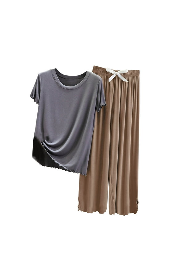 Womens Pajama Sets Comfortable Modal Crew Neck Pj Set Short Sleeve Top with Wide Leg Capri Pants Sleepwear 2 Piece Ruffle Hem Lounge Set M-2XL