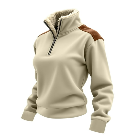 WMTBSRSW Womens Patchwork Fleece Lined Sweatshirts Fashion Vintage Quarter Zip Pullover Tops Winter Warm Fitted Stand Collar Long Sleeve Blouse Khaki Small