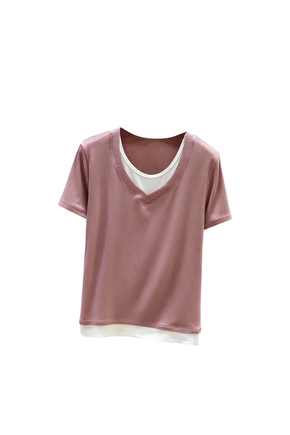 Womens Patchwork Ribbed Tops V Neck Crewneck T Shirts Casual Basic Tee for Athletic Running Workout Pink Medium