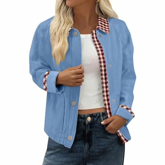 WMTBSRSW Womens Patchwork Short Bomber Jackets Lightweight Color Block Lapel Button Up Fashion Coats Fall Varsity Jacket L