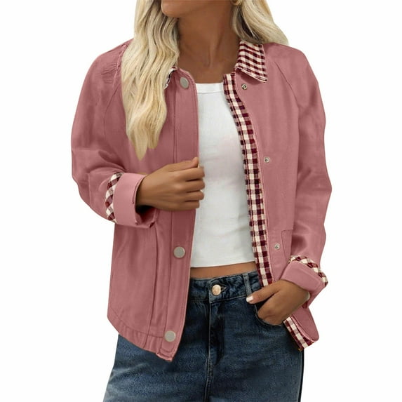 WMTBSRSW Womens Patchwork Short Bomber Jackets Lightweight Color Block Lapel Button Up Fashion Coats Fall Varsity Jacket M