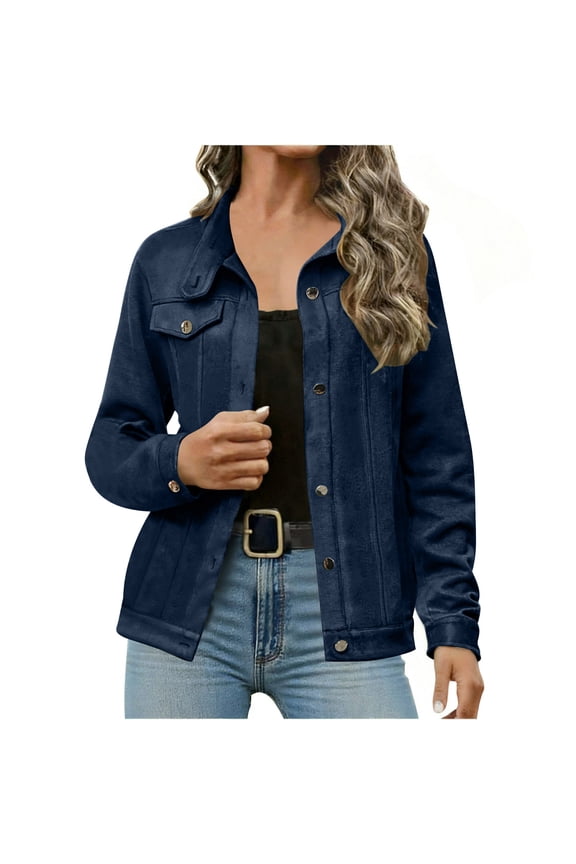 Womens Petite Suede Jackets Trendy Lapel Button Down Bomber Jackets Casual Solid Slim Fitted Short Outwear Navy Medium