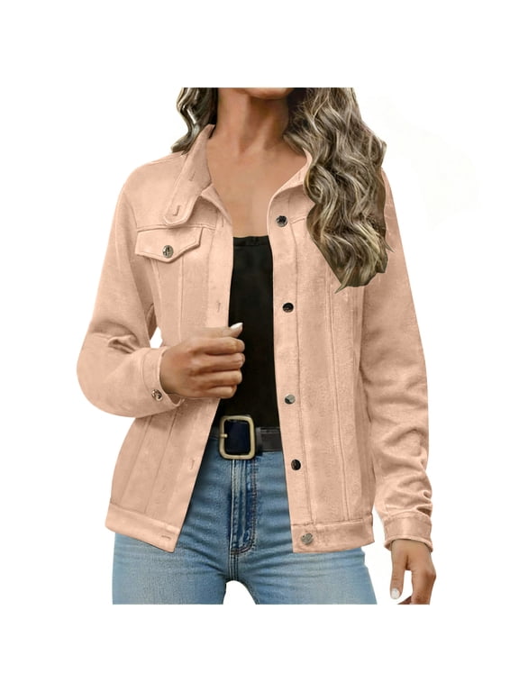 Womens Petite Suede Jackets Trendy Lapel Button Down Bomber Jackets Casual Solid Slim Fitted Short Outwear Pink XX-Large