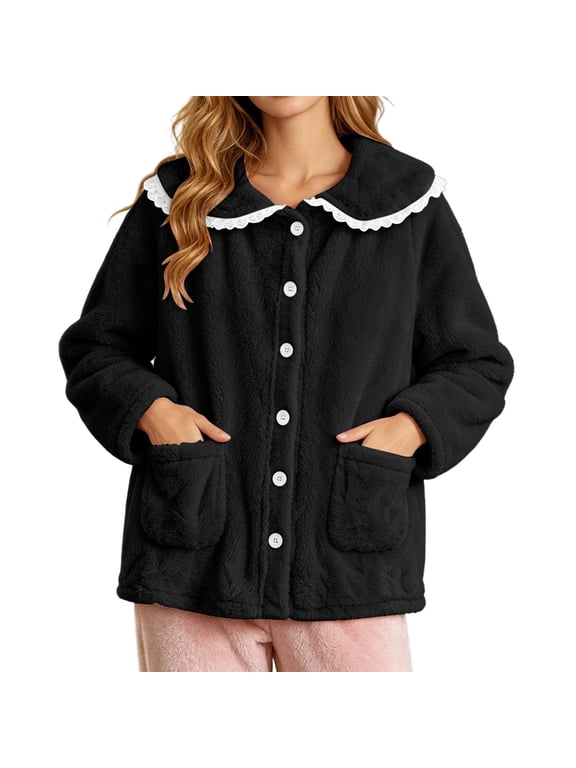 Womens Plush Fleece Bed Jackets Peter Pan Fuzzy Button Down Coat Soft Winter Long Sleeve Coat with Pockets Sleepwear Black Small