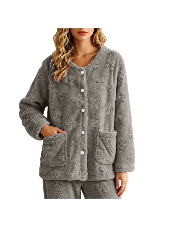 Womens Plush Fleece Winter Bed Jackets Fuzzy Long Sleeve Coat with Pockets Button Down Sleep Outwear Warm Housecoat Gray Large