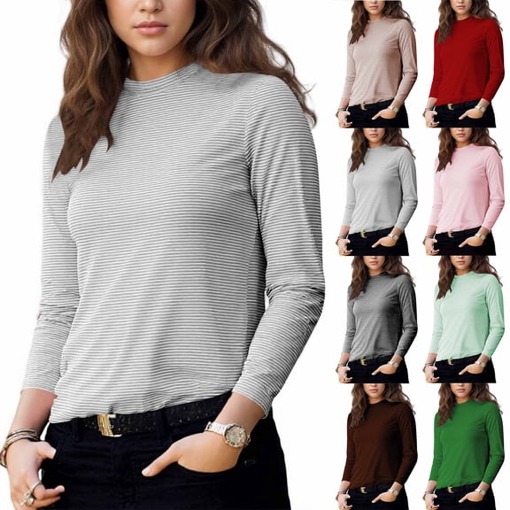 WMTBSRSW Womens Regular-Fit Long-Sleeve Crewneck T-Shirt Fashion Fall Winter Striped Basic Shirts Soft Blouse for Wear to Leggings Pink Large