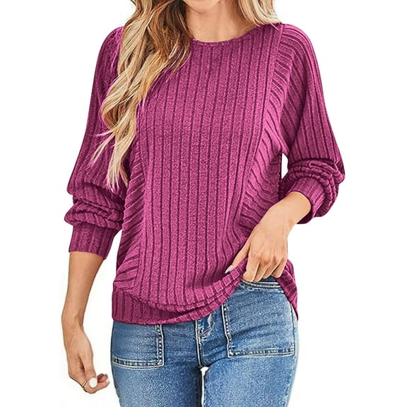 WMTBSRSW Womens Ribbed Long Sleeve Knit Tops Solid Casual Loose Crewneck Pullover Shirts Spring Fall Fashion Clothing Hot Pink Medium