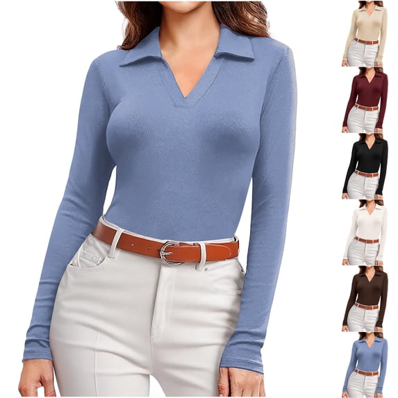 WMTBSRSW Womens Ribbed Long Sleeve Shirts Lapel V Neck Fitted Tops Solid Basic Going Out Outfits Fall Undershirts White L