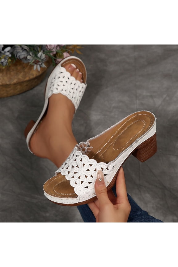 Womens Sandals Low Chunky Block Heeled Sandals Comforable Raffia Cut Out Open Toe Platform Sandal Trendy Summer Beach Dress Shoes