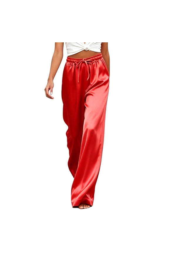 Womens Satin Pajama Pants Silkly High Waisted Drawstring Sleep Pants Loose Pj Bottom with Pockets Loungewear Red X-Large