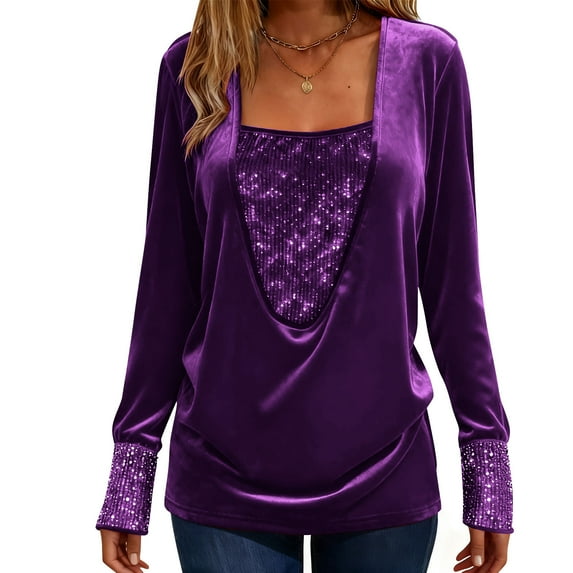 WMTBSRSW Womens Sequin Long Sleeve Tops Y2k Blouse Patchwork Pleated Sparkly Square Neck Shirts Loose Casual Dressy Shirts for Work Purple X-Large