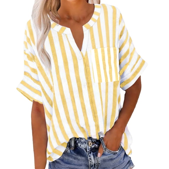 WMTBSRSW Womens Short Cap Sleeeve Tops Summer Button Down Shirts Trendy Oversized Striped Blouse Chest Pocket Work & Travel Yellow X-Large