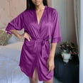 thumbnail image 1 of WMTBSRSW Womens Short Robe Lightweight Lace Trim 3/4 Sleeve Bathrobe Bridesmaid Bride Party Satin Robes with Belt Purple Free Size, 1 of 2