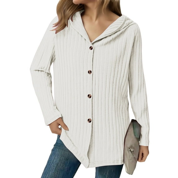 WMTBSRSW Womens Soft Ribbed Knit Hoodie Sweaters Casual Button Down Long Sleeve Shirts Lightweight Cozy Fall Texture Tunic Tops White X-Large