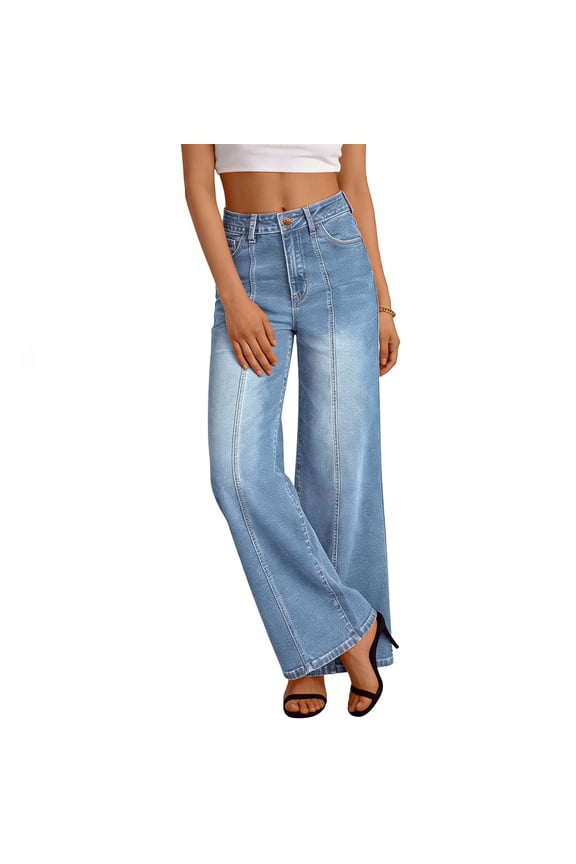 Womens Straight Leg Jean Pants Vintage Boyfriends High Waisted Cropped Denim Trousers with Back Pockets Blue Small