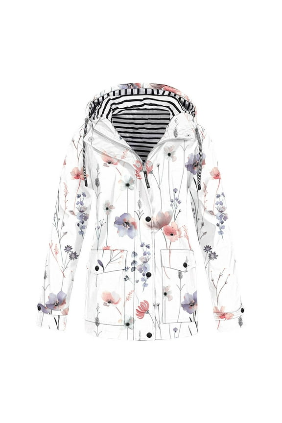 Womens Striped Rain Jacket with Hood Lightweight Trench Coat Fill Zip Waterproof Jackets Long Windbreaker Coats with Pockets Plus Size S-5XL