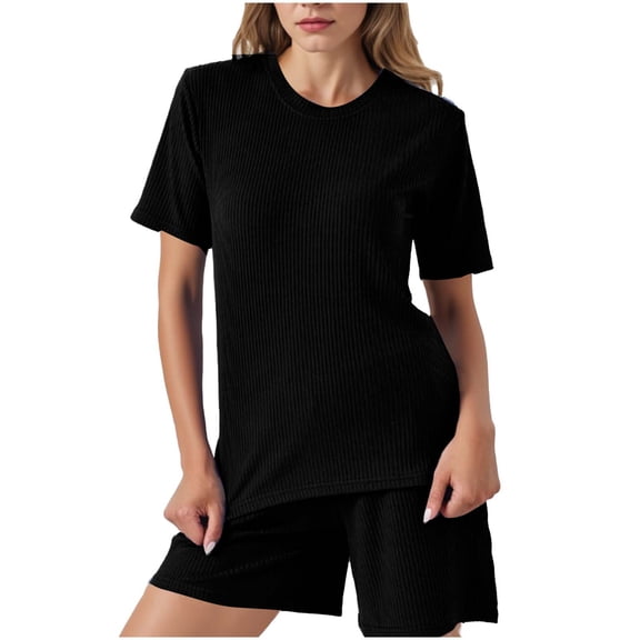 WMTBSRSW Womens Summer 2 Piece Outfits Lightweight Casual Ribbed Knit Short Matching Clothing Set Solid Comfy Crewneck T Shirts and Shorts Black M