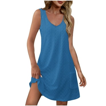 WMTBSRSW Womens Summer Dresses 2024 Loose V Neck Sleeveless Swimsuit Beach Sundresses Casual Eyelet Vacation Cover Up Dress with Pockets