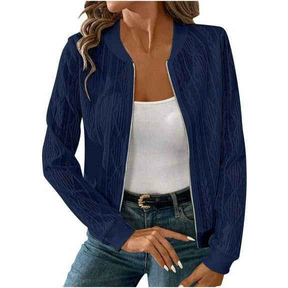 WMTBSRSW Womens Sweater Jackets Fashion Jacquard Knit Zip up Cropped Jackets Ribbed Cuff Round Neck Casual Coat Outwear Navy