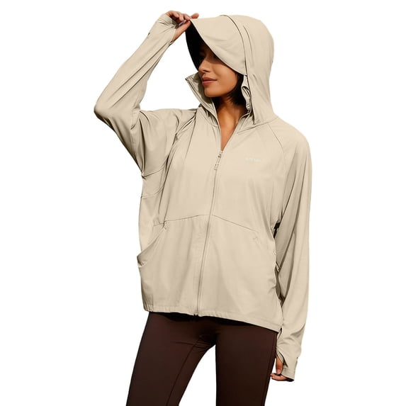 WMTBSRSW Womens UPF 50+ Sun Protection Jacket Hoodies Lightweight Athletic Full Zip Long Sleeve Shirts Hiking Running Outdoor Pockets Brown Large