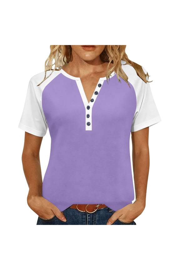 Womens V Neck Basic Tops Color Block Tunic T Shirts Summer Short Sleeve Casual Regular and Plus Size Tees Lightweight Henley Shirts Purple XXXL