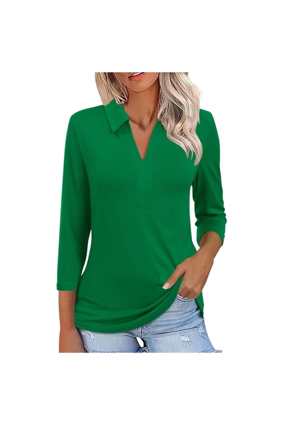Womens V Neck Golf Shirts 3/4 Sleeve Collared Henley Tops Business Casual Summer Tops Trendy Loose Tunics