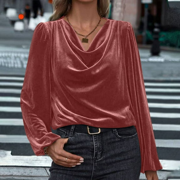 WMTBSRSW Womens Velvet Casual Dressy Tops Elegant Cowl Neck Work Office Blouse Fall Long Sleeve Shirts Pink Large