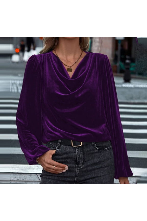 Womens Velvet Casual Dressy Tops Elegant Cowl Neck Work Office Blouse Fall Long Sleeve Shirts Purple Medium