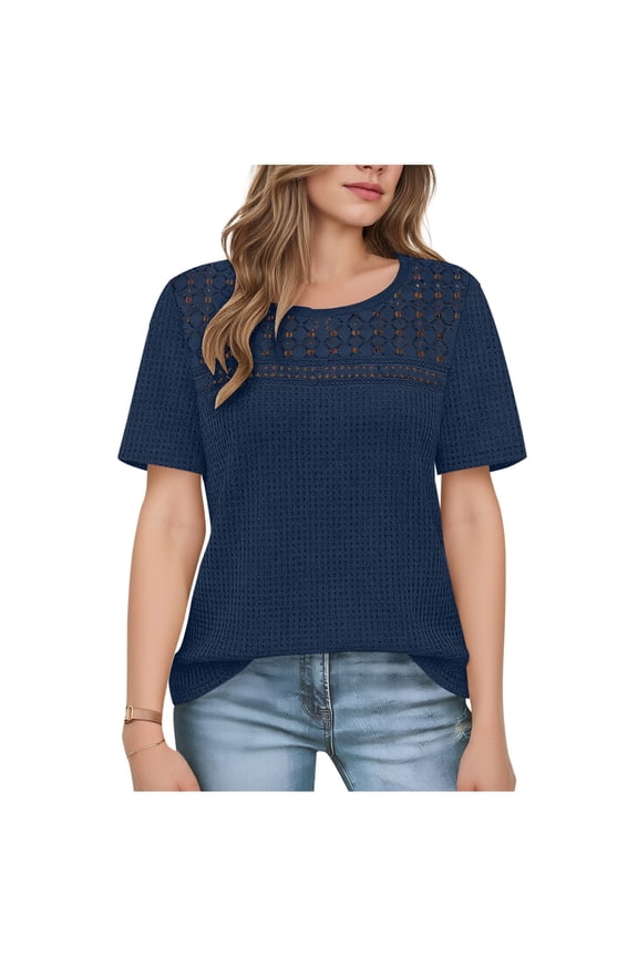 Womens Waffle Short Sleeve Crewneck Shirts Hollow out Crewneck T Shirt Summer Spring Loose Casual Tops Trendy Clothes Navy M