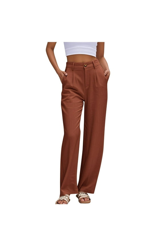 Womens Wide Leg Pants Soft High Waist Casual Palazzo Pants Button Pleated Trousers with Pockets Pull On Brown Large