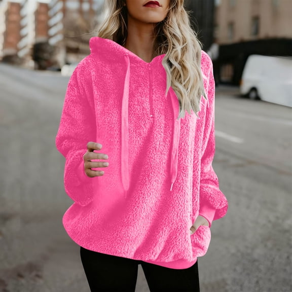 WMTBSRSW Womens Winter S-5XL Fuzzy Fleece Sweatshirts with Pockets Cozy Sherpa Lined Half Zip Pullover Solid Loose Casual Plus Size Long Sleeve Tops Pink Medium
