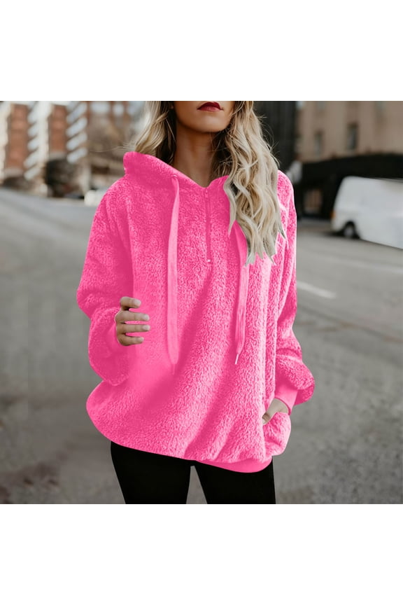 Womens Winter S-5XL Fuzzy Fleece Sweatshirts with Pockets Cozy Sherpa Lined Half Zip Pullover Solid Loose Casual Plus Size Long Sleeve Tops Pink Medium