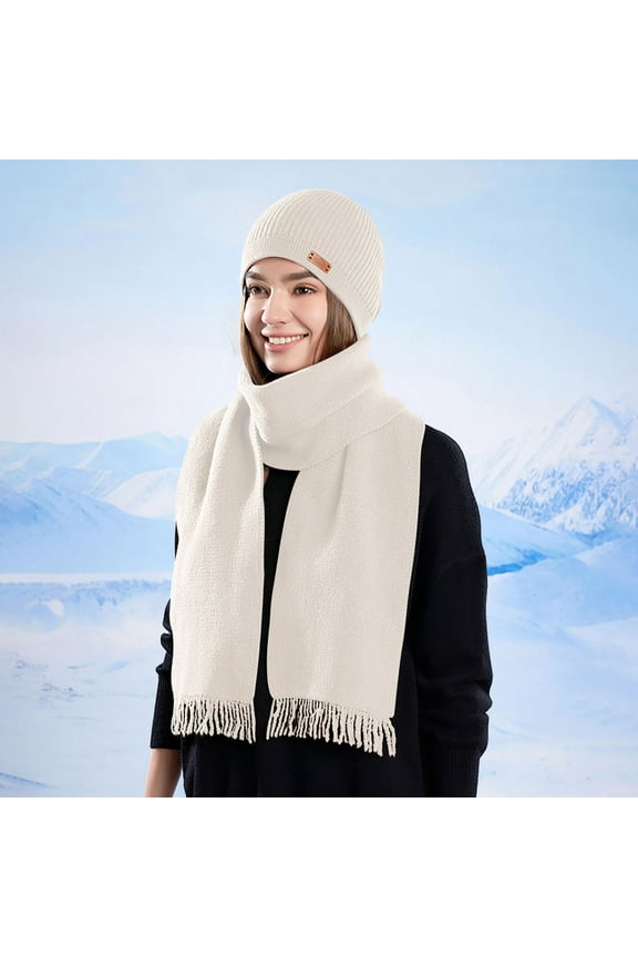 Womens Winter Warm Knit Beanie Hat Sets 2 in 1 Long Neck Scarf Set with Skull Caps Xmas Gifts for Women Cold Weather Outdoor Equipment Beige Free Size