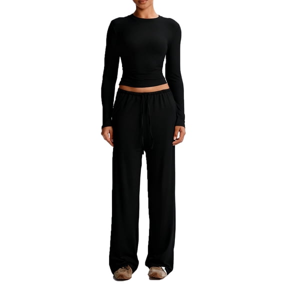 WMTBSRSW Womens Workout Sets 2 Piece Athletic Yoga Set Slim Fit Activewear Strtchy Fitted Long Sleeve Crop Tops and Wide Leg Pants Casual Matching Set Black Small