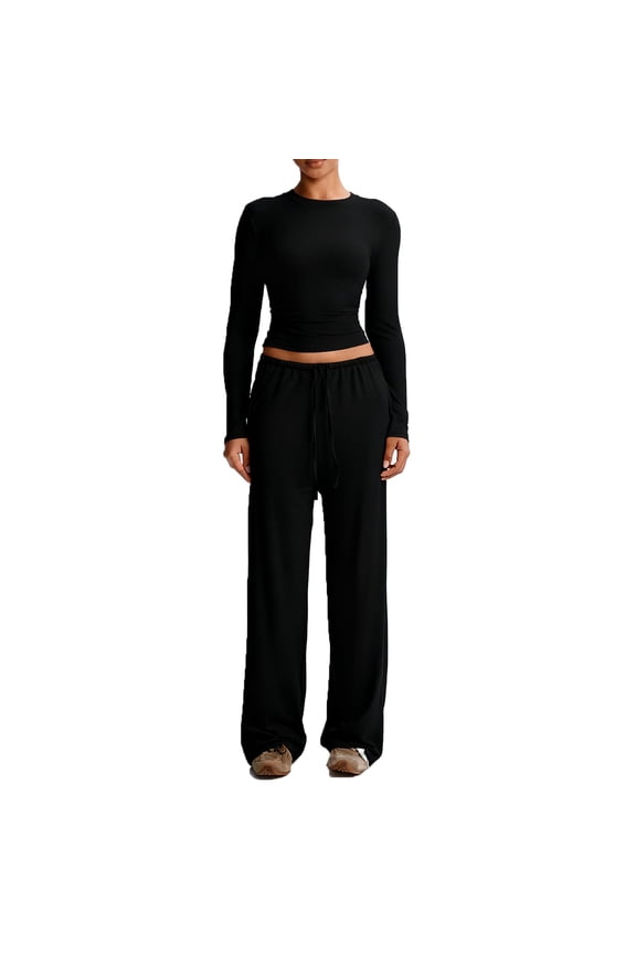 Womens Workout Sets 2 Piece Athletic Yoga Set Slim Fit Activewear Strtchy Fitted Long Sleeve Crop Tops and Wide Leg Pants Casual Matching Set Black Small