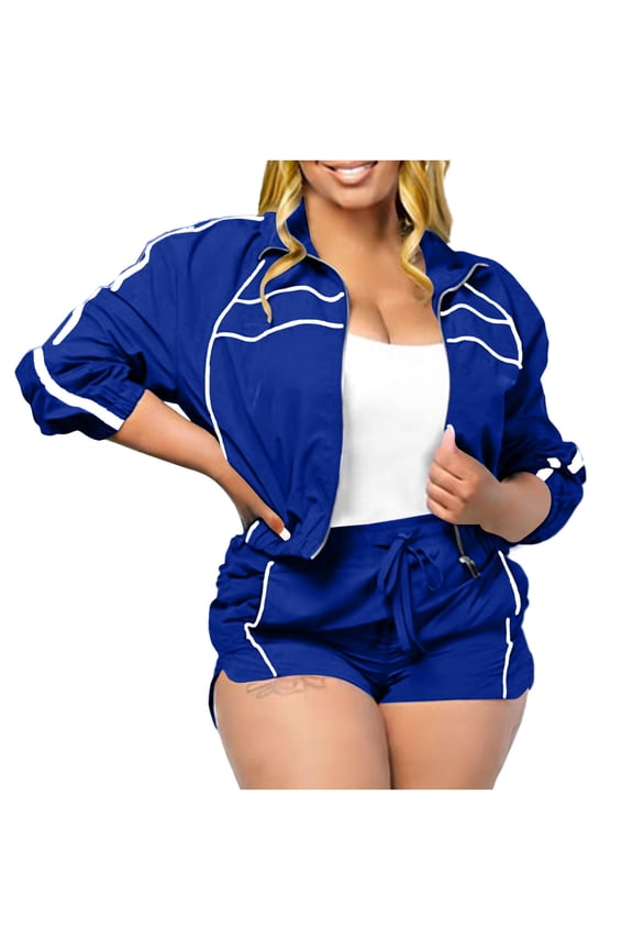Womens Workout Sets Striped Short Athletic Set Shorts Activewear 2 Piece Outfits Zip up Long Sleeve Cropped Jackets Outfits Dark Blue X-Large