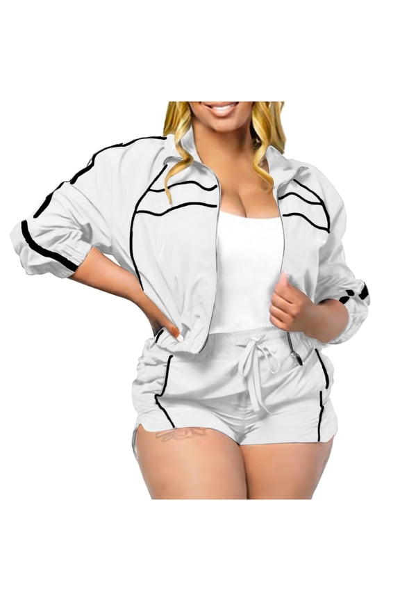 Womens Workout Sets Striped Short Athletic Set Shorts Activewear 2 Piece Outfits Zip up Long Sleeve Cropped Jackets Outfits White Medium