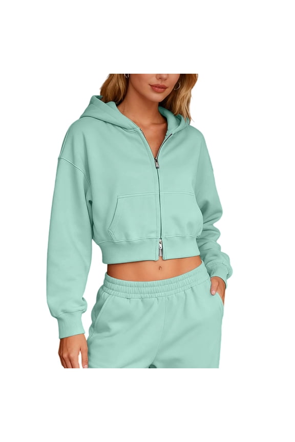 Womens Zip up Cropped Hoodies Y2k Short Jackets Lightweight Fashion Solid Color Open Front Long Sleeve Coat Teen Preppy Clothes Green XX-Large