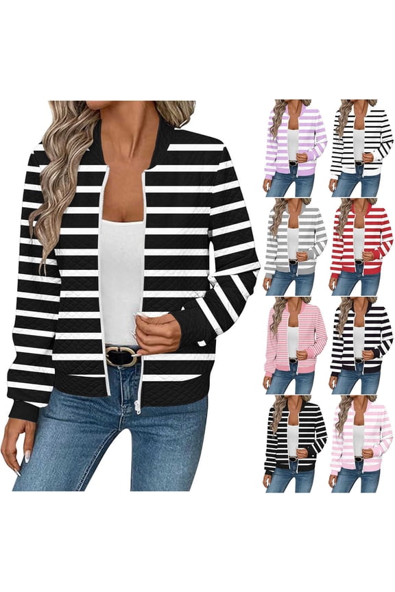 Womens Zip Up Jackets Dressy Long Sleeve Sweatshirt Fashion Waffle Striped Cropped Bomber Jacket Fall Crewneck Bomber Jackets Pink Small