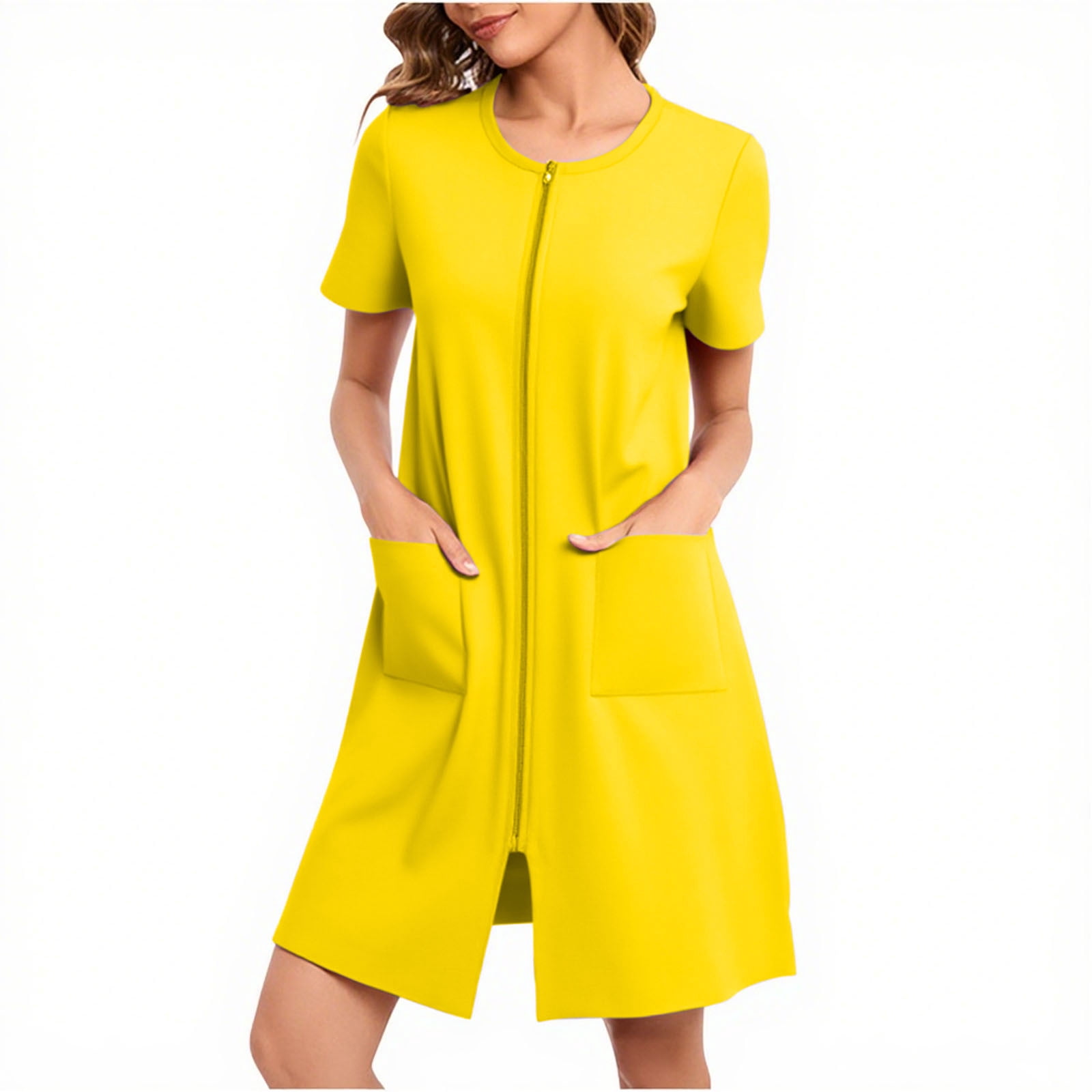 WMTBSRSW Zip Up Robes for Women Solid Short Sleeve Zipper House Coat ...