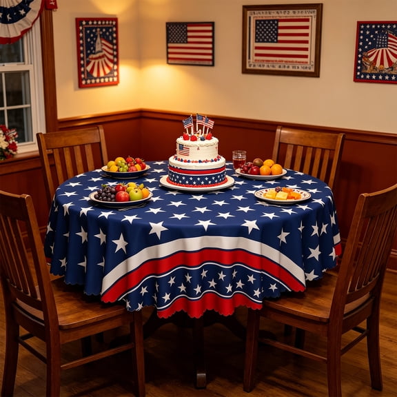 WMTOKK 4th of July Round Tablecloth, Waterproof Patriotic Star Striped Design, 59.84 inch Polyester Holiday Table Cover for Independence Day Parties
