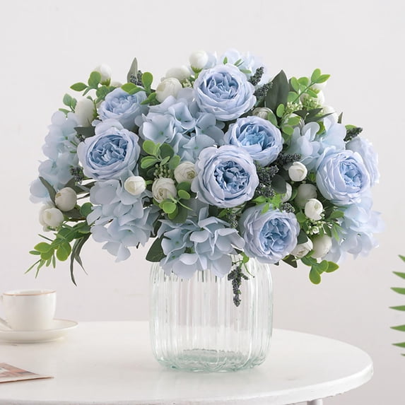 WMTOKK Artificial Ranunculus Leaf Bouquet Realistic Fake Flower Arrangement for Wedding Handheld Bouquet Wall Decor Home Floral Design (Blue)