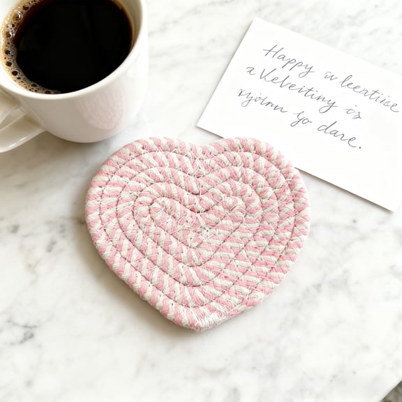 WMTOKK Heart-shaped Cotton Thread Woven Coasters, Pink - Valentine's Day Heat Insulation Pads Valentine Decorations